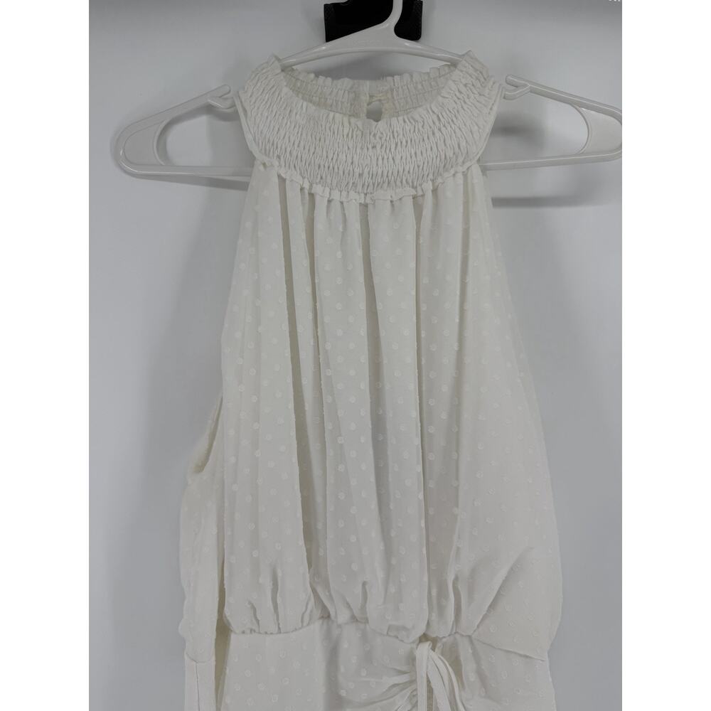 NEW Lena White Sleeveless Halter Neck Mini Dress Polka Dot Cinch Hem Large - Picture 3 of 11